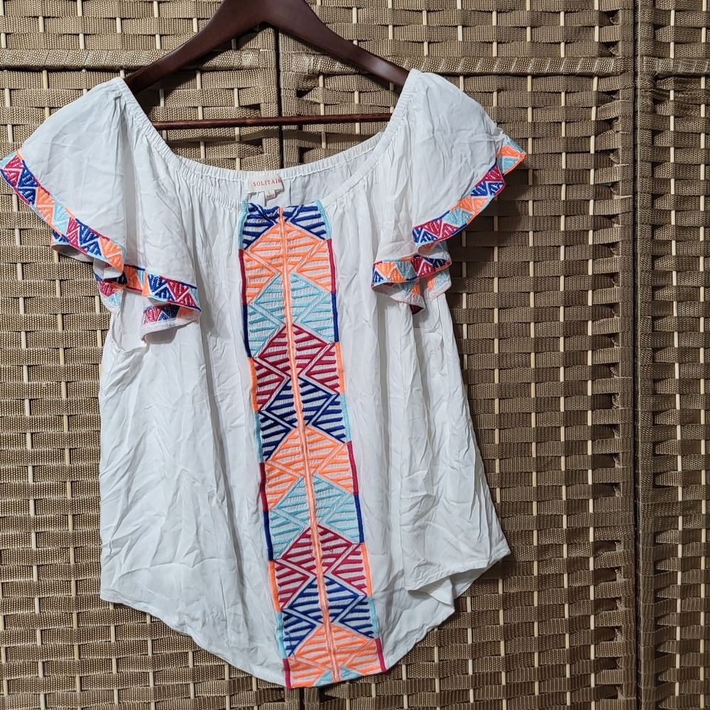 Solitaire‎ Shirt Womens Large Boho Embroidered Rayon Off Shoulder Festival Top